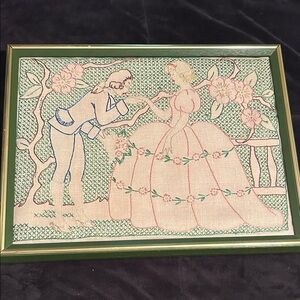 Vintage Embroidered Framed Art with Green and Pink Accents